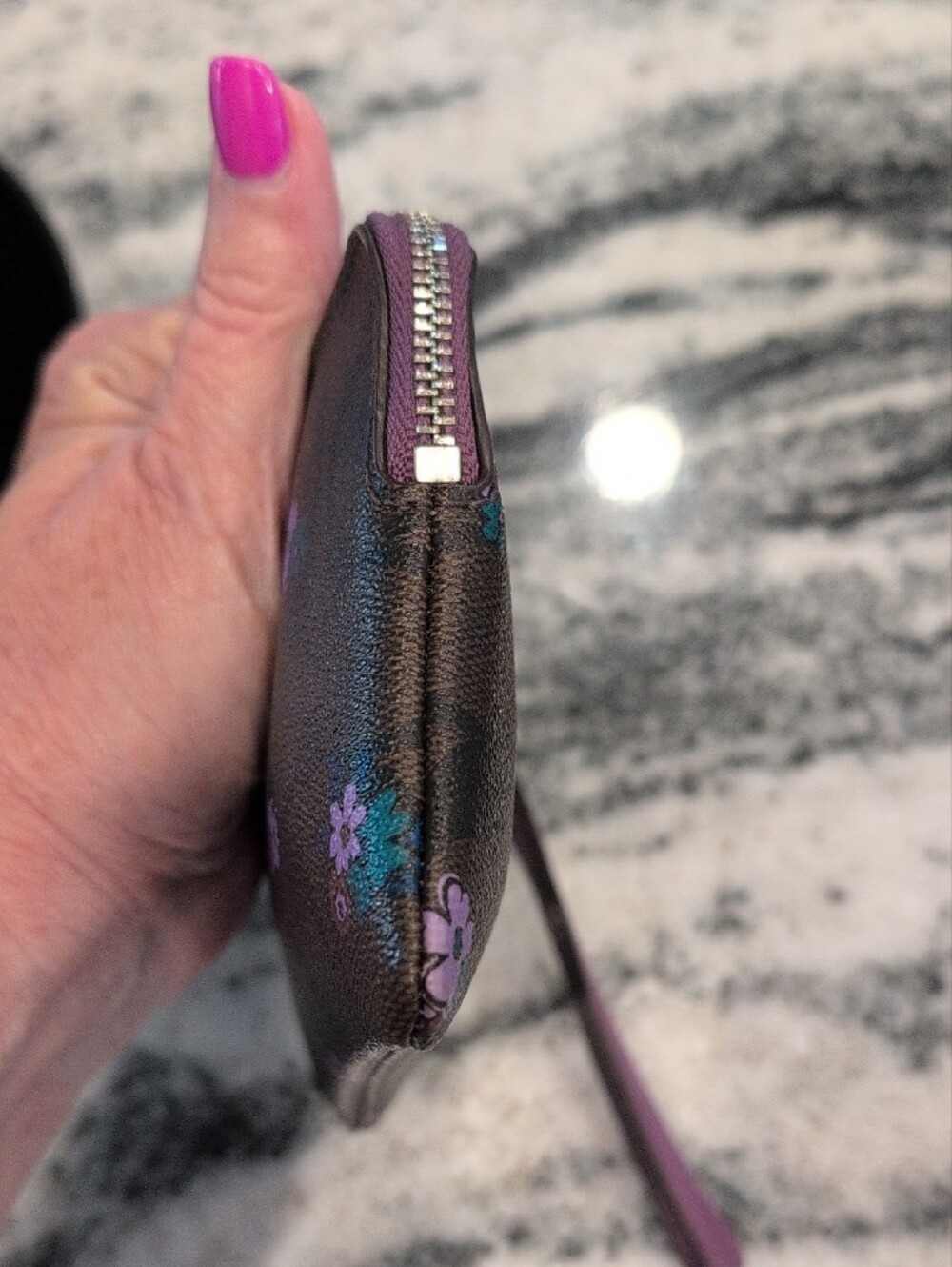 COACH Brown Signature Floral Zip Wristlet with Plum Trim - Picture 7 of 7